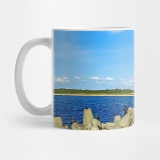 People fishing with a line on an old stone pier on a clear day Mug